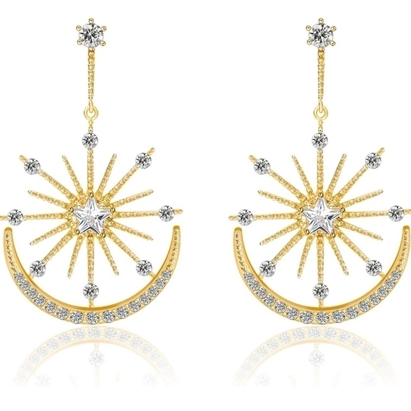 MOON and Star Crystal Drop Dangle Earrings Statement Rhinestone Gold - Picture 1 of 3
